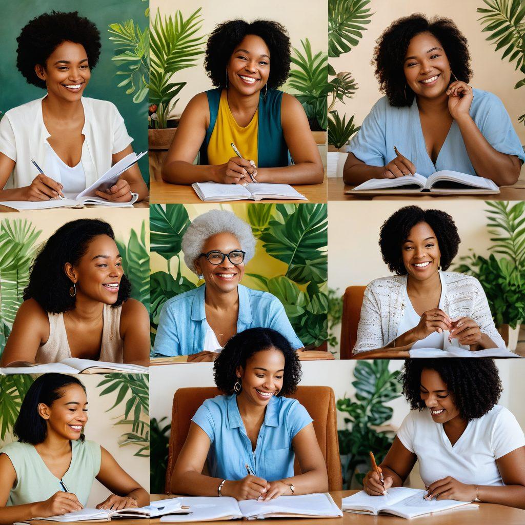 A collage of diverse women of various ages and backgrounds, each joyfully sharing their health stories in a warm, inviting space. One woman is speaking passionately, another is writing in a journal, and a third is engaged in a supportive conversation. Soft light illuminates the scene, creating an atmosphere of empowerment and community. Incorporate symbols of health like plants and books. vibrant colors. soft focus. painting.