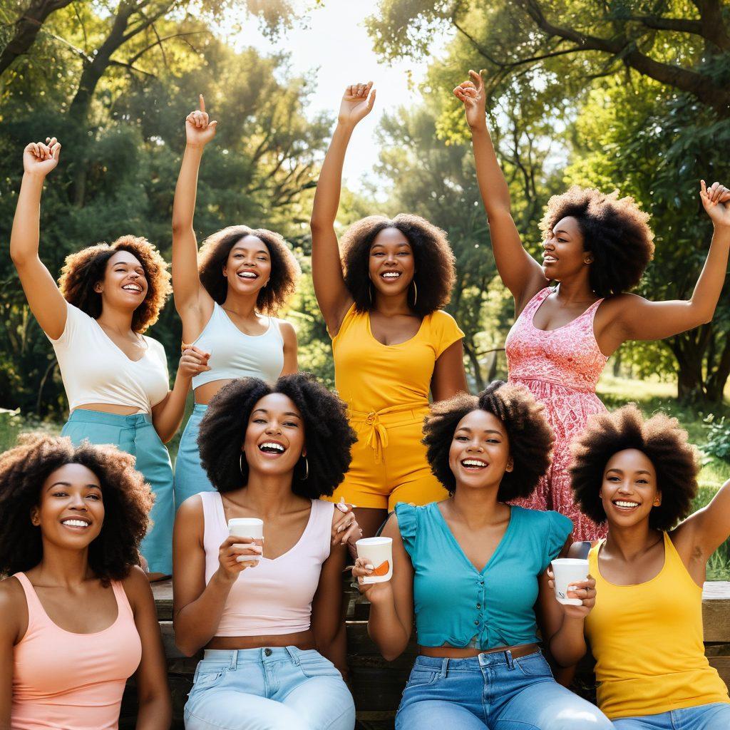 A vibrant and uplifting collage of diverse women of various body types joyfully celebrating together in a sunny park, surrounded by nature's beauty. Include empowering phrases flowing around them like 'Love Your Body' and 'Empowerment', with an open journal and a cup of herbal tea in the foreground. Bright colors and a feel-good atmosphere to inspire positivity and self-acceptance. super-realistic. vibrant colors. natural lighting.